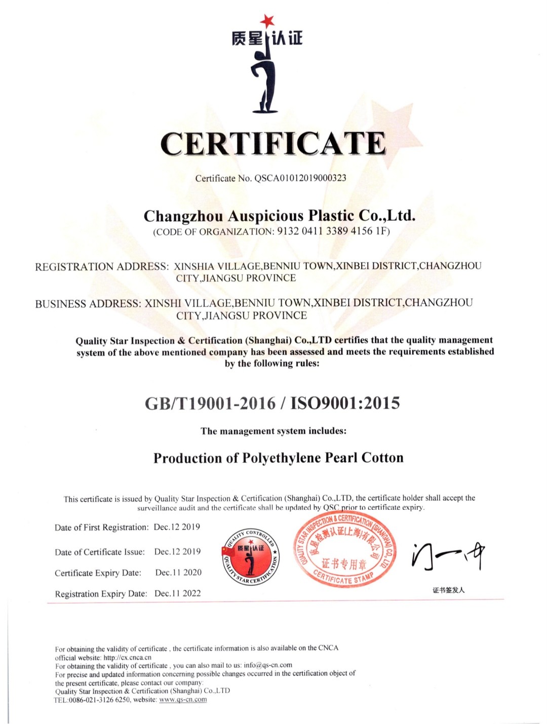 China Changzhou Auspicious Plastic Co., Ltd. Certificaciones